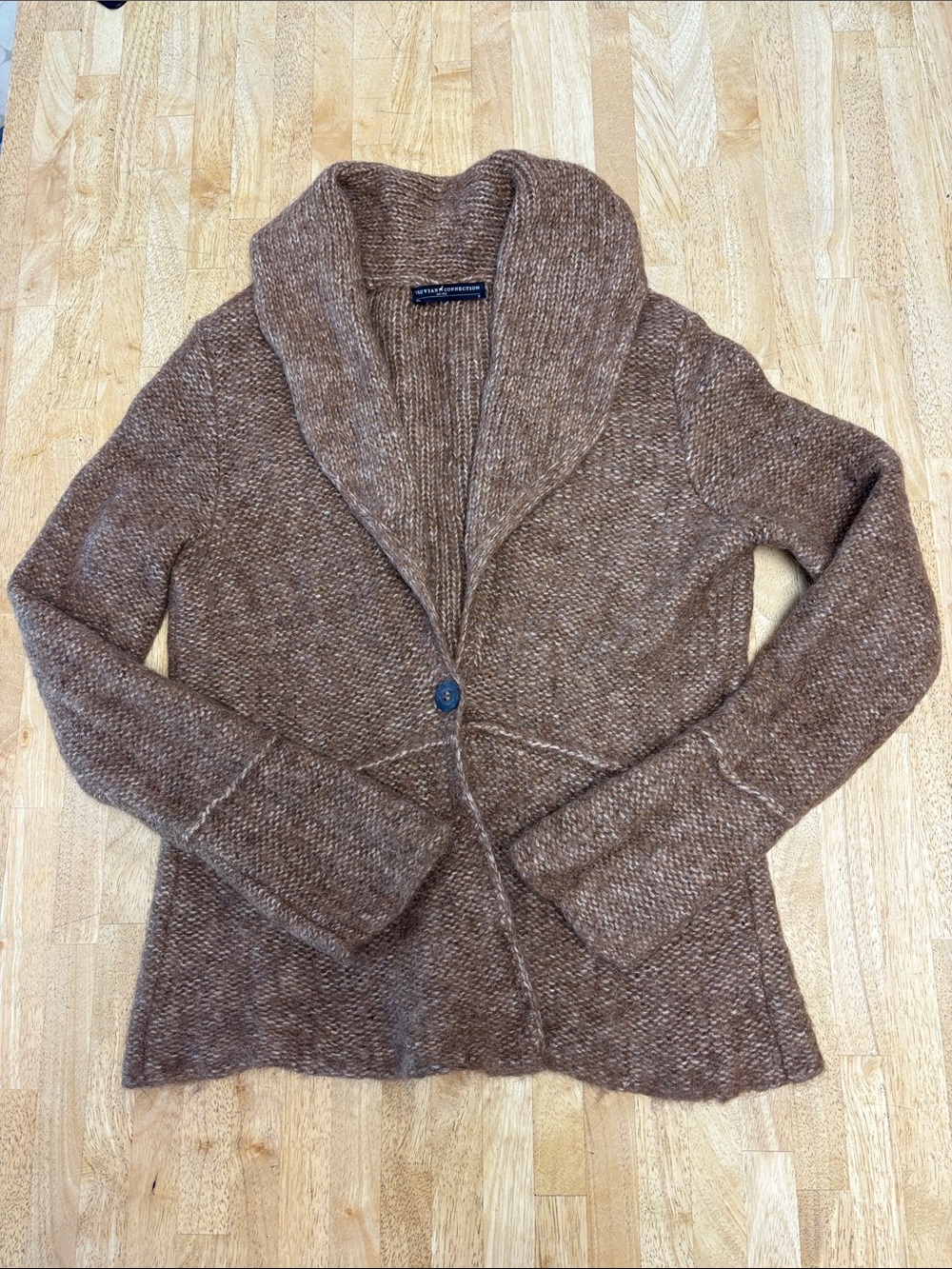 Peruvian Connection Brown Shawl-Collar Chunky Knit Cardigan Alpaca Cotton S